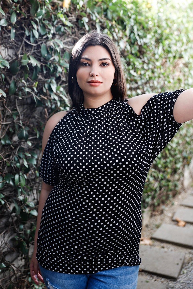 Plus Polka Dot Cold Shoulder Short Sleeve Back Self-tie Top - Passion 4 Fashion USA
