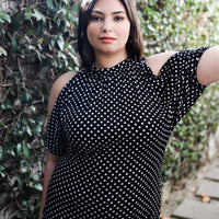 Plus Polka Dot Cold Shoulder Short Sleeve Back Self-tie Top - Passion 4 Fashion USA