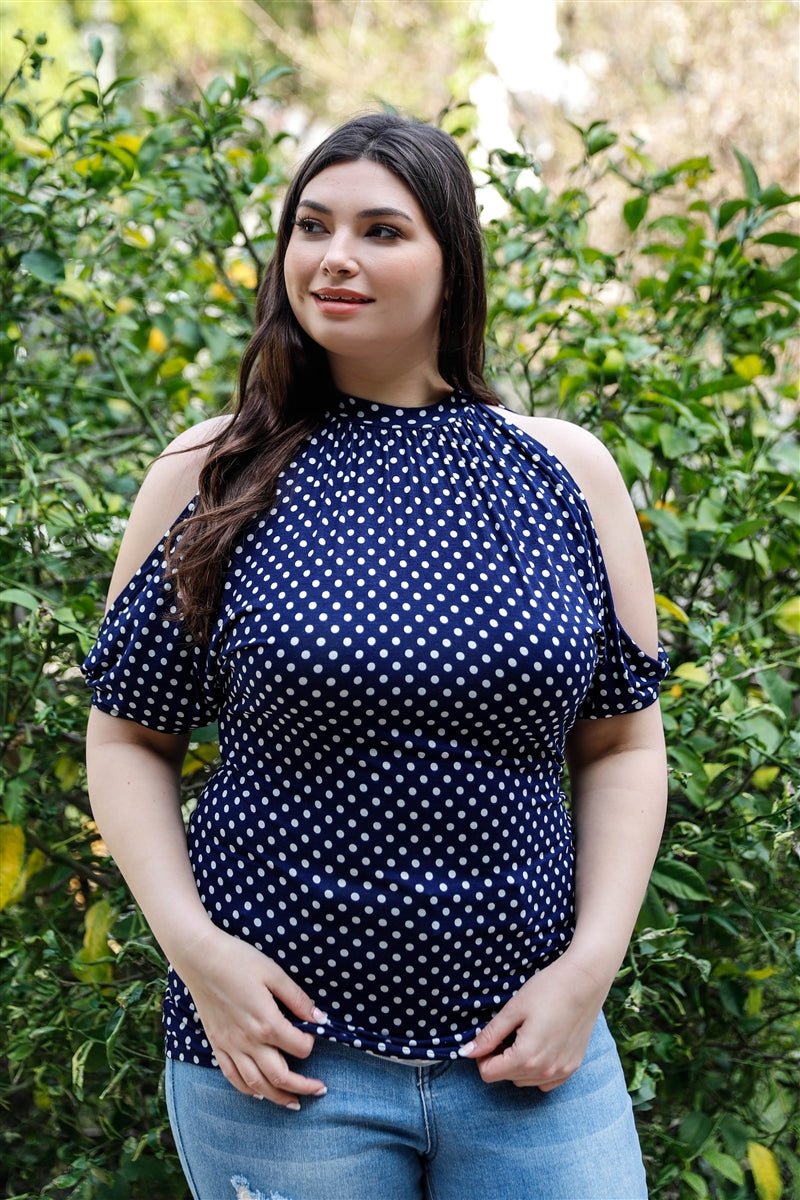 Plus Polka Dot Cold Shoulder Short Sleeve Back Self-tie Top - Passion 4 Fashion USA