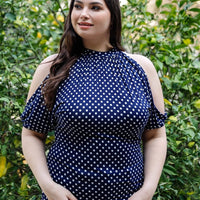 Plus Polka Dot Cold Shoulder Short Sleeve Back Self-tie Top - Passion 4 Fashion USA