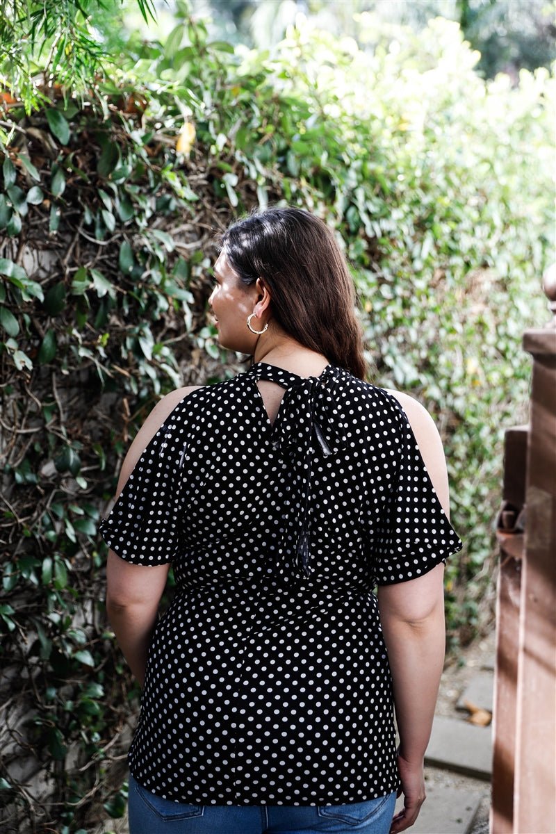 Plus Polka Dot Cold Shoulder Short Sleeve Back Self-tie Top - Passion 4 Fashion USA