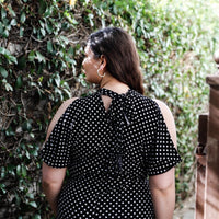 Plus Polka Dot Cold Shoulder Short Sleeve Back Self-tie Top - Passion 4 Fashion USA