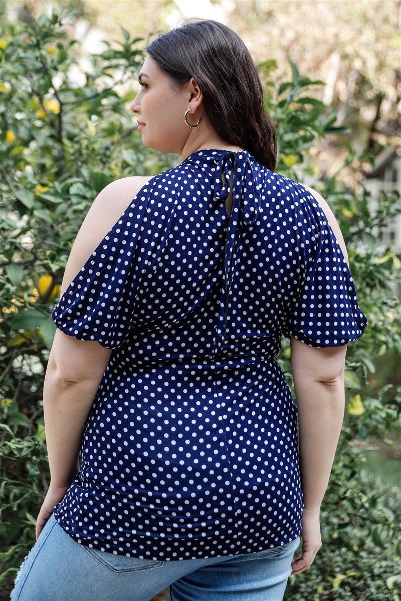 Plus Polka Dot Cold Shoulder Short Sleeve Back Self-tie Top - Passion 4 Fashion USA