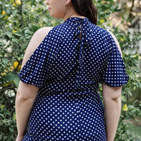 Plus Polka Dot Cold Shoulder Short Sleeve Back Self-tie Top - Passion 4 Fashion USA
