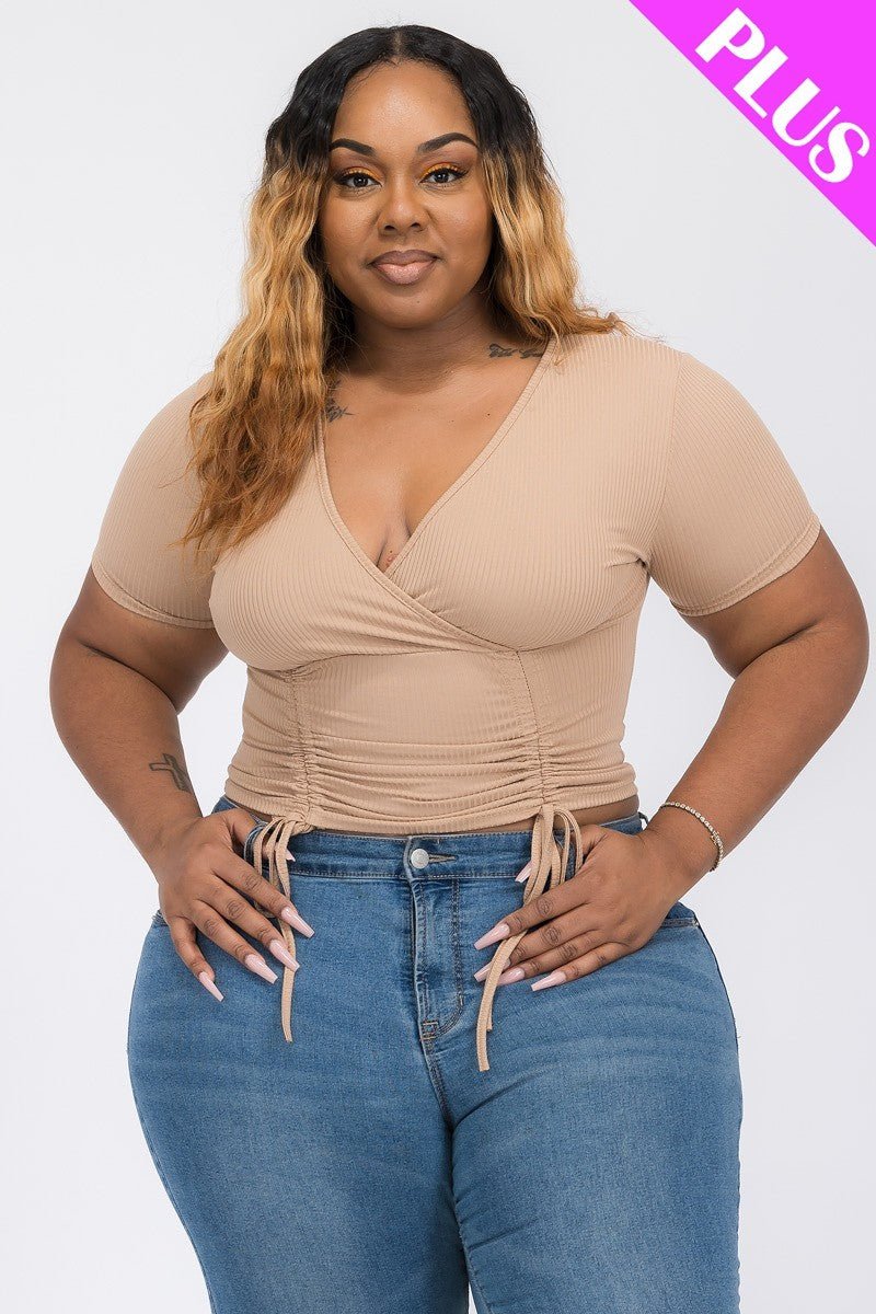 Plus Ribbed Ruched Drawstring Surplice Top - Passion 4 Fashion USA