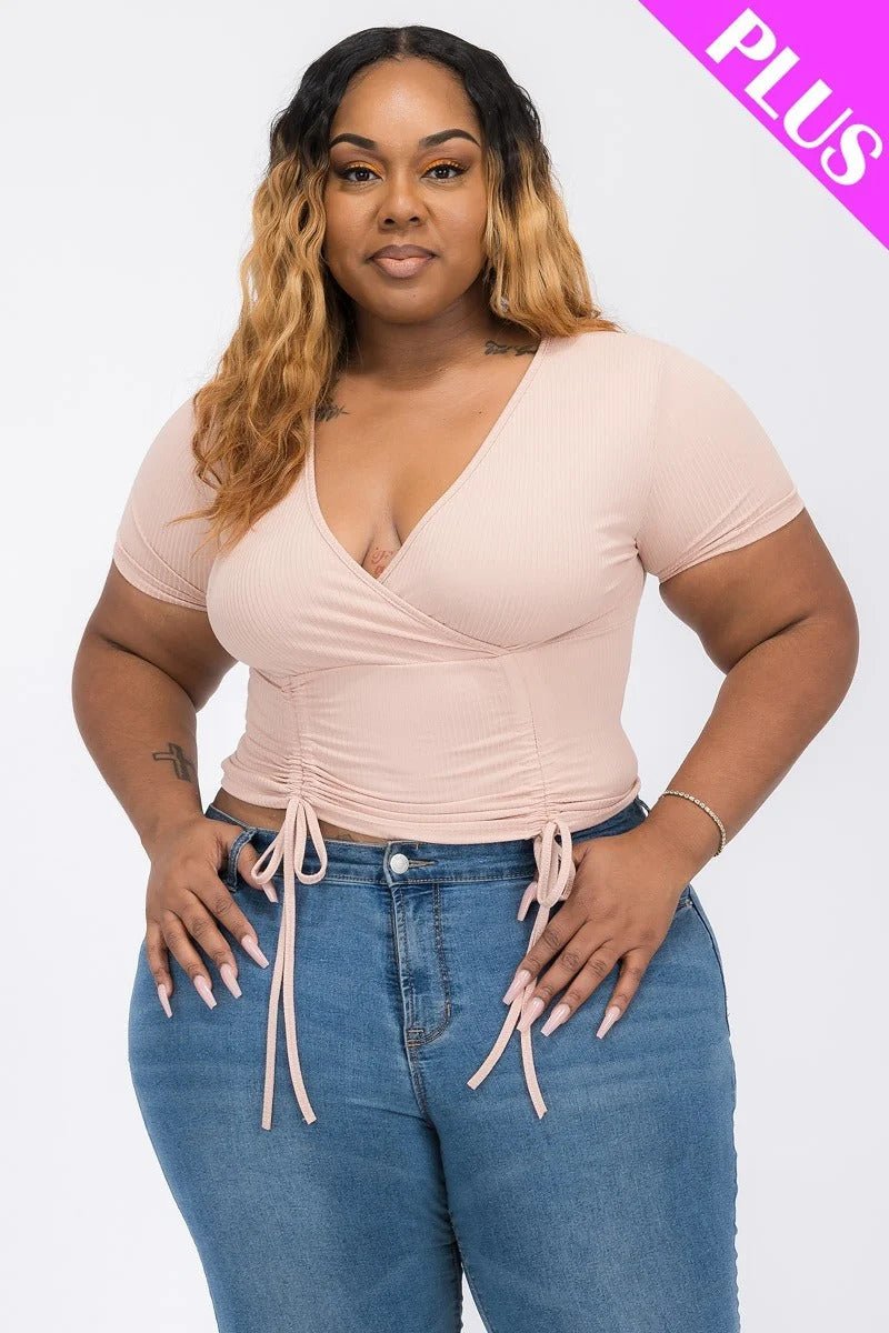 Plus Ribbed Ruched Drawstring Surplice Top - Passion 4 Fashion USA