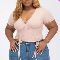 Plus Ribbed Ruched Drawstring Surplice Top - Passion 4 Fashion USA