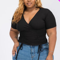 Plus Ribbed Ruched Drawstring Surplice Top - Passion 4 Fashion USA