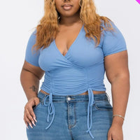 Plus Ribbed Ruched Drawstring Surplice Top - Passion 4 Fashion USA