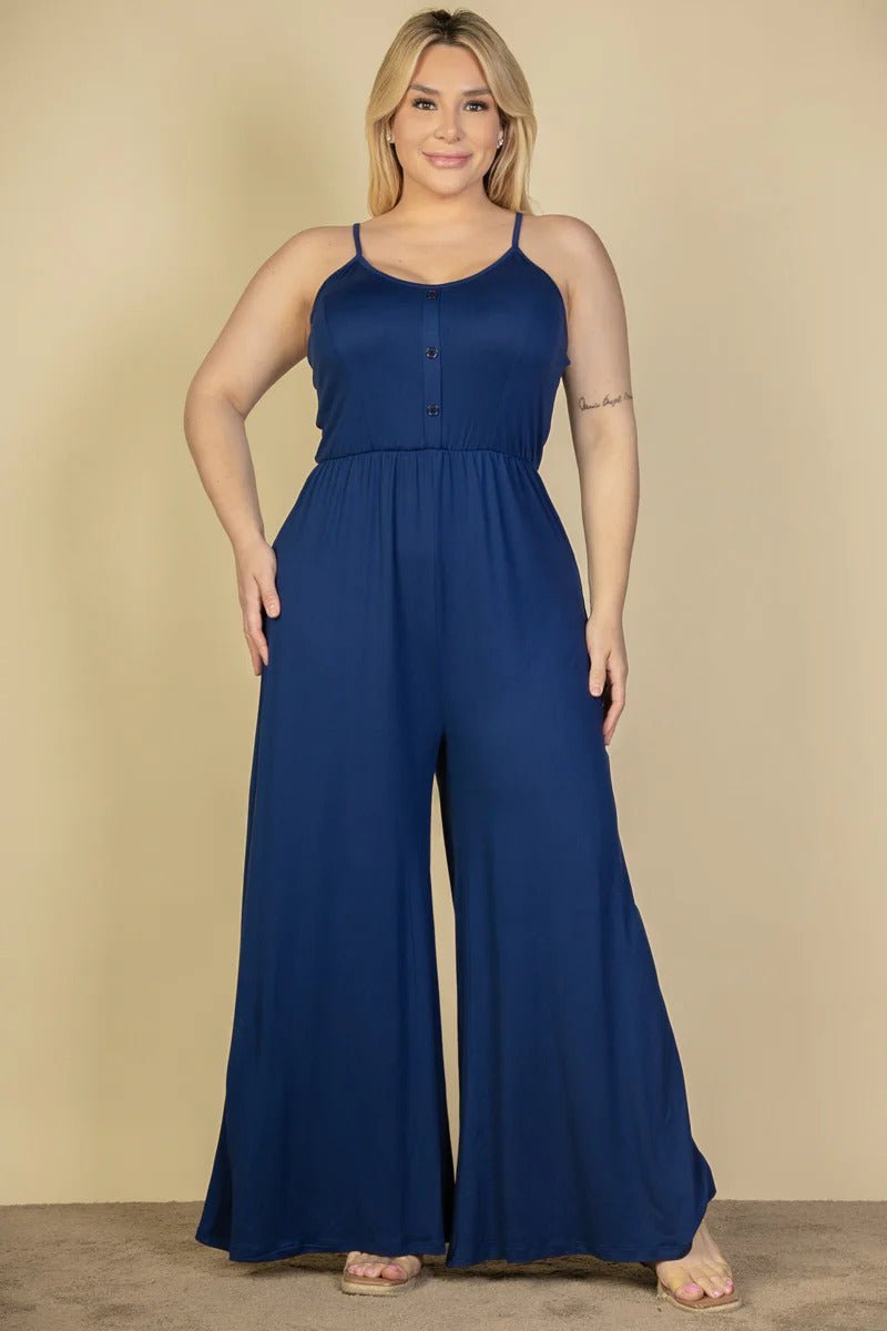 Plus Size Button Front Wide Leg Jumpsuit - Passion 4 Fashion USA