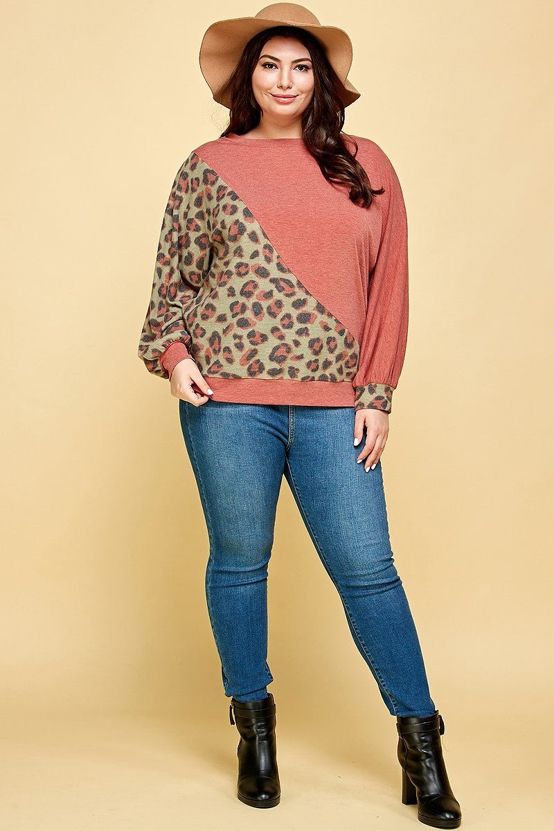 Plus Size Cute Animal French Terry Brush Contrast Print Pullover - Passion 4 Fashion USA