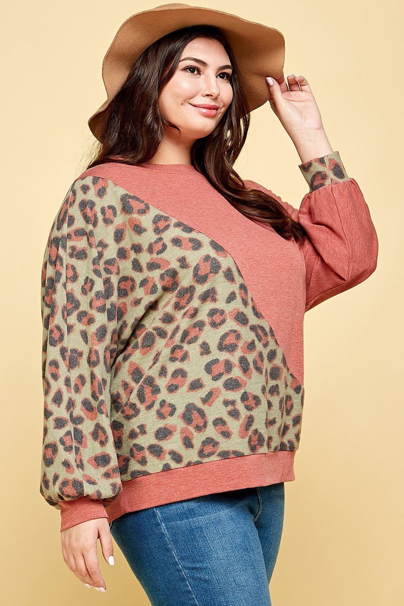 Plus Size Cute Animal French Terry Brush Contrast Print Pullover - Passion 4 Fashion USA
