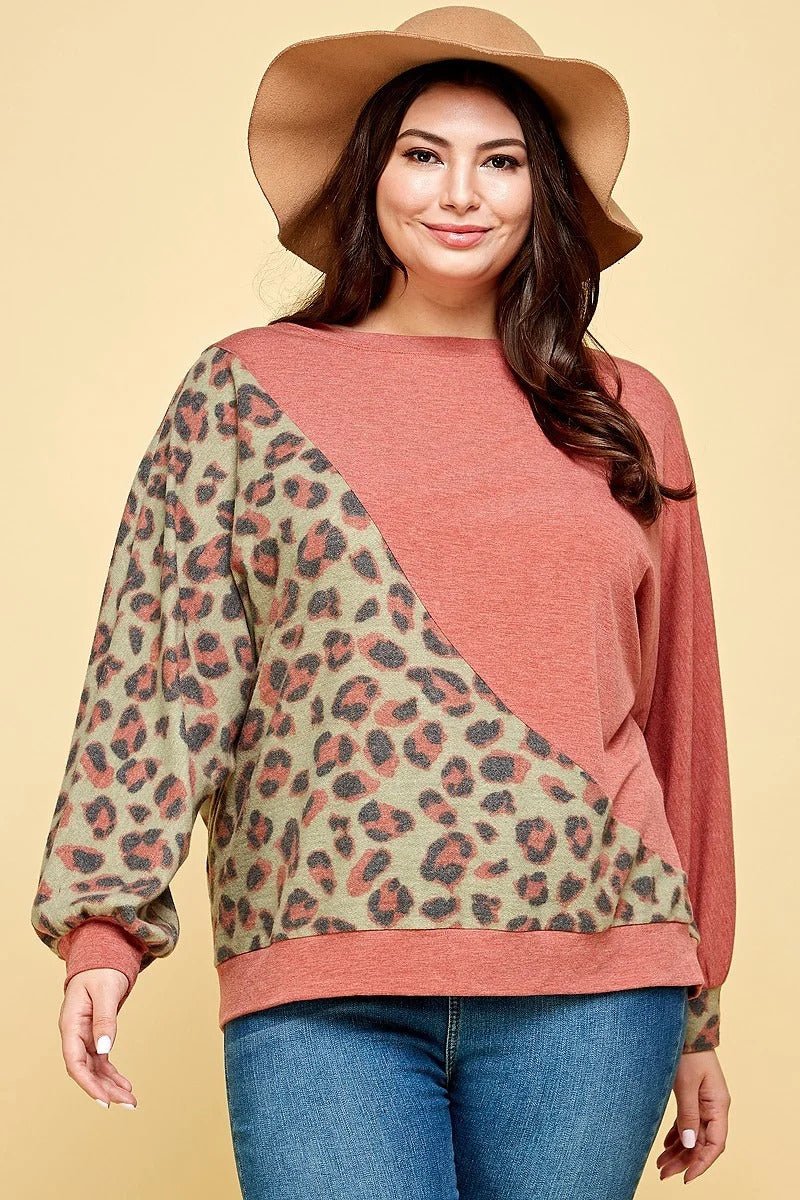 Plus Size Cute Animal French Terry Brush Contrast Print Pullover - Passion 4 Fashion USA