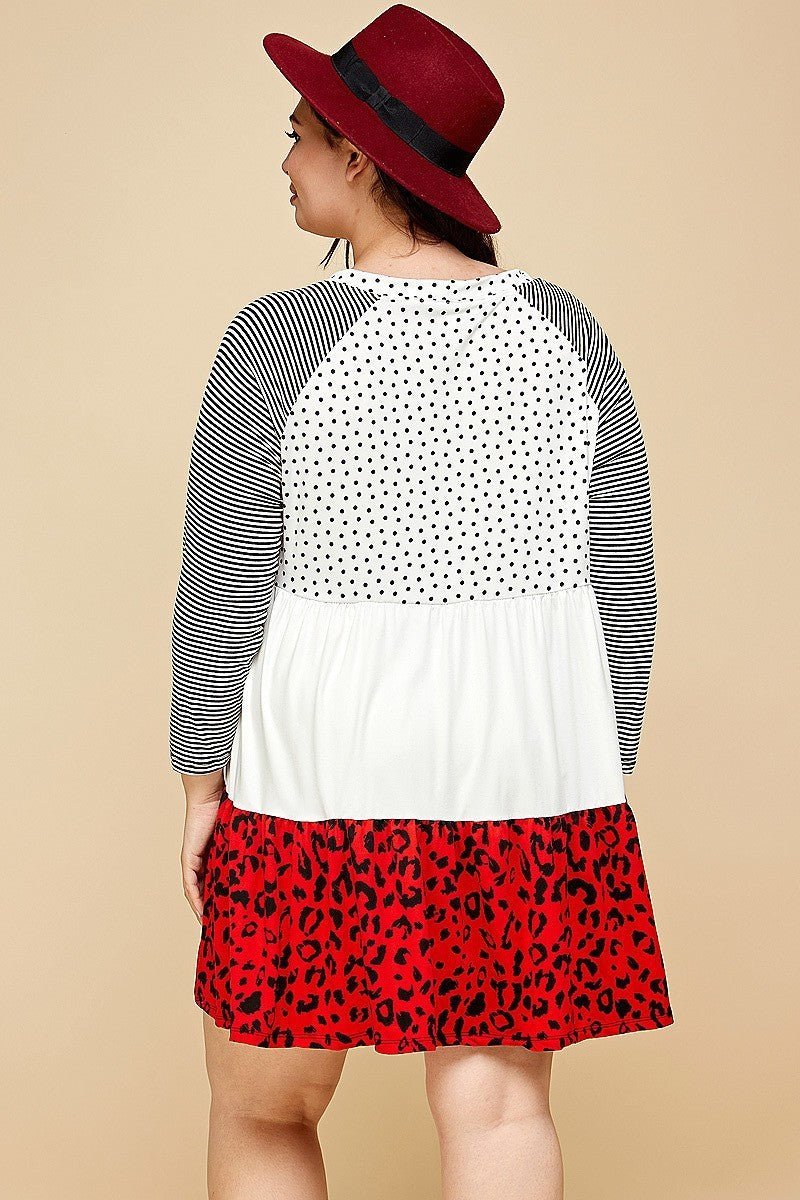 Plus Size Cute Polka Dot And Animal Print Contrast Swing Tiered Dress - Passion 4 Fashion USA
