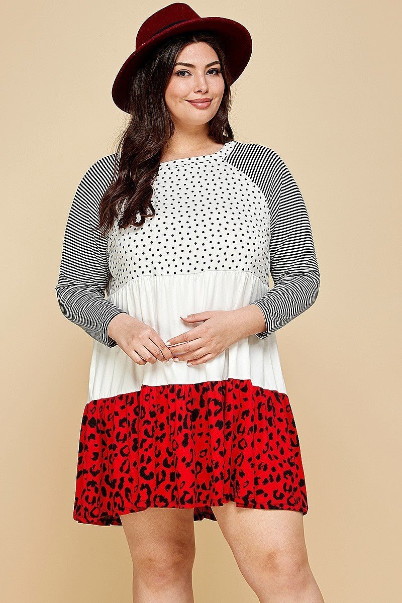 Plus Size Cute Polka Dot And Animal Print Contrast Swing Tiered Dress - Passion 4 Fashion USA