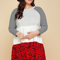 Plus Size Cute Polka Dot And Animal Print Contrast Swing Tiered Dress - Passion 4 Fashion USA
