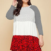 Plus Size Cute Polka Dot And Animal Print Contrast Swing Tiered Dress - Passion 4 Fashion USA
