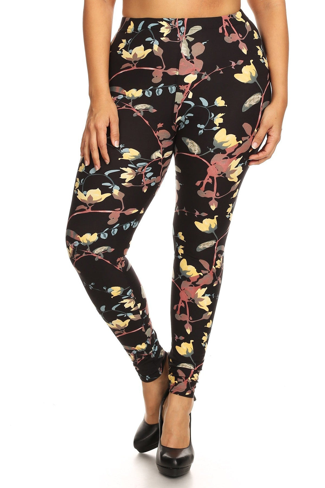 Plus Size Floral Print, Full Length Leggings In A Slim Fitting Style With A Banded High Waist - Passion 4 Fashion USA