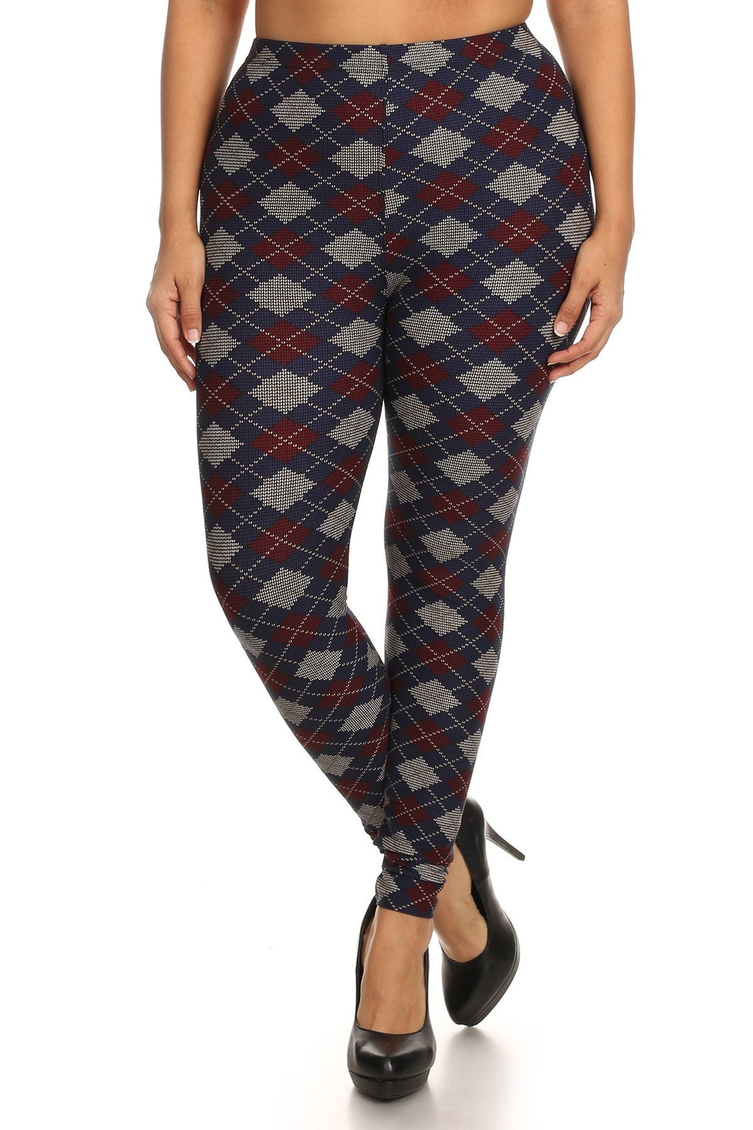 Plus Size Plaid Graphic Printed Knit Legging With Elastic Waist Detail - Passion 4 Fashion USA