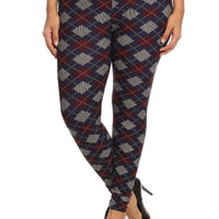 Plus Size Plaid Graphic Printed Knit Legging With Elastic Waist Detail - Passion 4 Fashion USA
