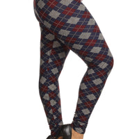 Plus Size Plaid Graphic Printed Knit Legging With Elastic Waist Detail - Passion 4 Fashion USA