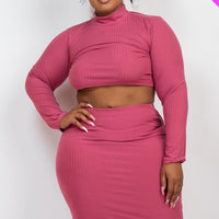 Plus Size Ribbed Mock Neck Crop Top & Midi Skirt Set - Passion 4 Fashion USA