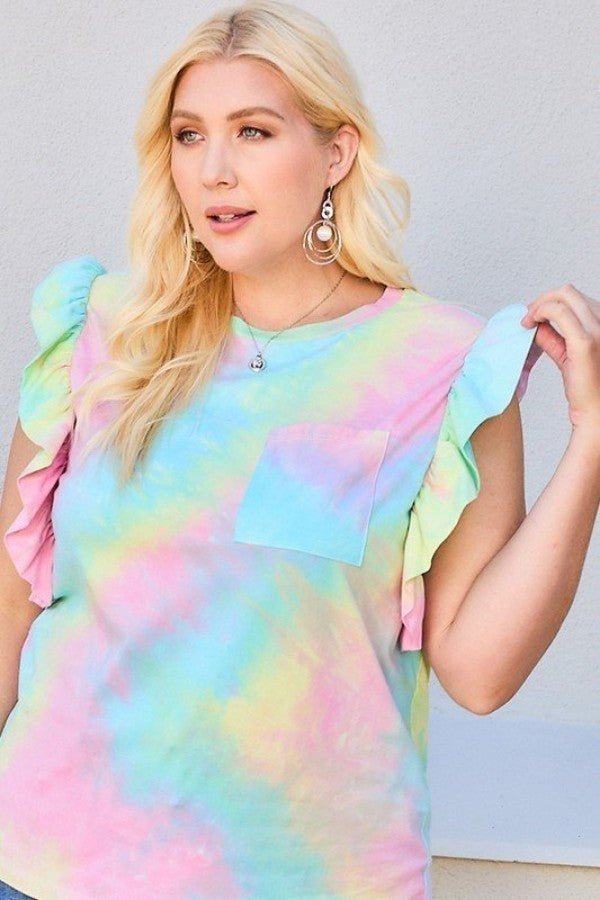 Plus Size Round Neck Ruffle Sleeve Front Pocket Tie Dye Knit Top - Passion 4 Fashion USA