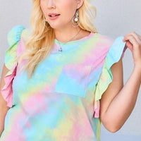 Plus Size Round Neck Ruffle Sleeve Front Pocket Tie Dye Knit Top - Passion 4 Fashion USA