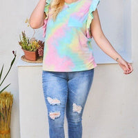 Plus Size Round Neck Ruffle Sleeve Front Pocket Tie Dye Knit Top - Passion 4 Fashion USA