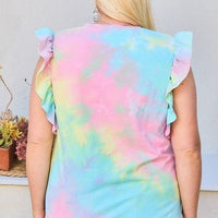 Plus Size Round Neck Ruffle Sleeve Front Pocket Tie Dye Knit Top - Passion 4 Fashion USA
