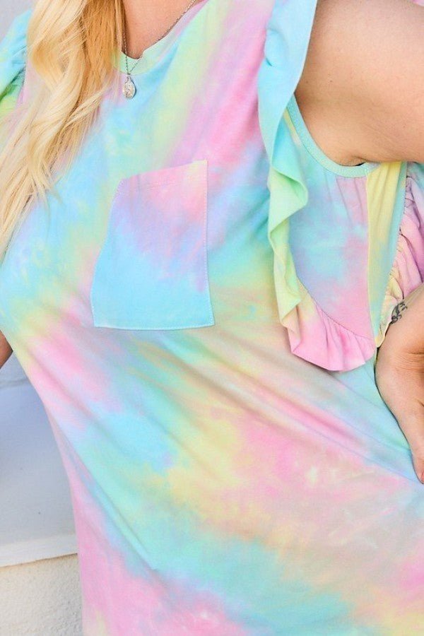 Plus Size Round Neck Ruffle Sleeve Front Pocket Tie Dye Knit Top - Passion 4 Fashion USA