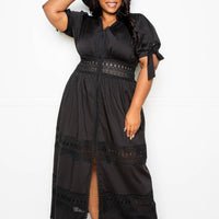 Puff Sleeve Maxi Dress With Lace Insert - Passion 4 Fashion USA