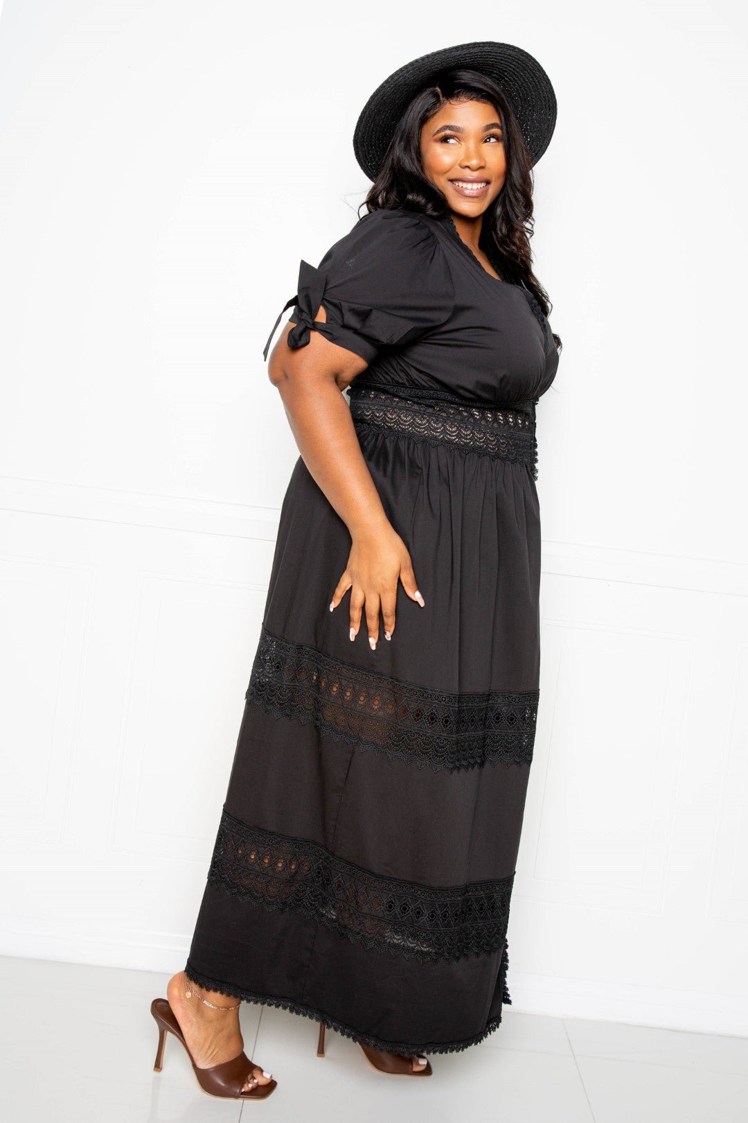 Puff Sleeve Maxi Dress With Lace Insert - Passion 4 Fashion USA
