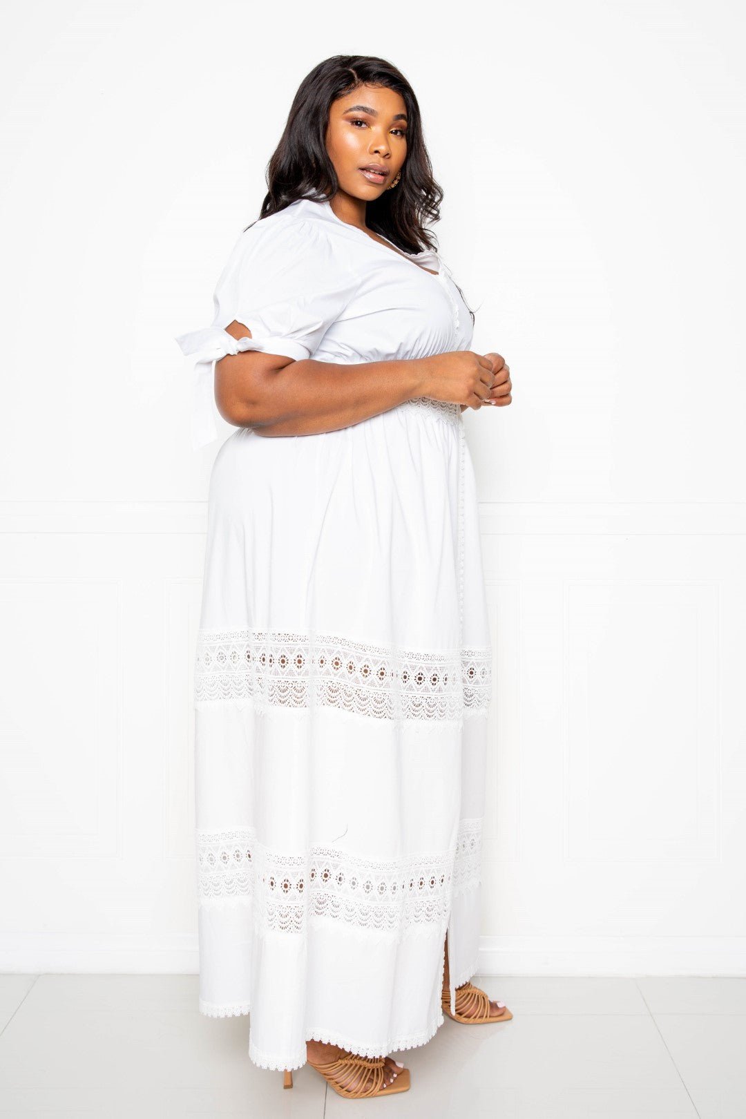 Puff Sleeve Maxi Dress With Lace Insert - Passion 4 Fashion USA