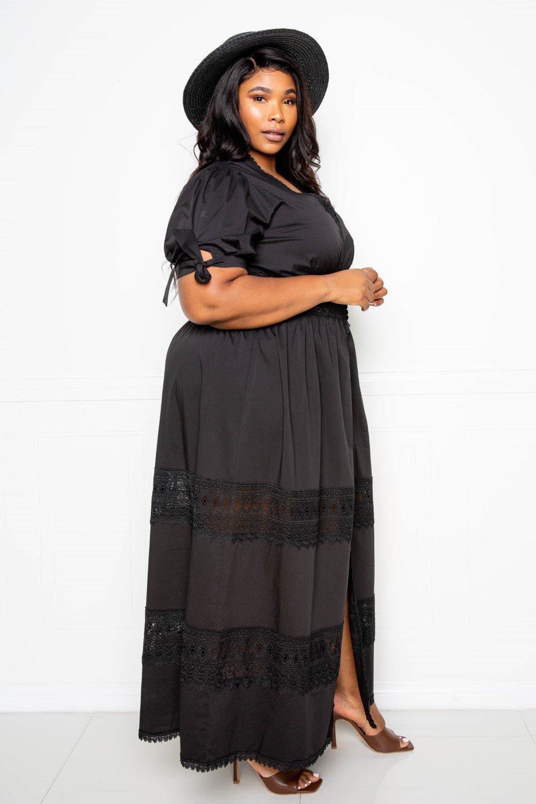 Puff Sleeve Maxi Dress With Lace Insert - Passion 4 Fashion USA