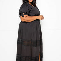 Puff Sleeve Maxi Dress With Lace Insert - Passion 4 Fashion USA