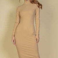 Ribbed Mock Neck Long Sleeve Bodycon Midi Dress - Passion 4 Fashion USA