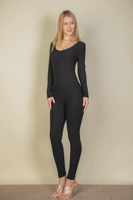 Ribbed Scoop Neck Long Sleeve Jumpsuit - Passion 4 Fashion USA