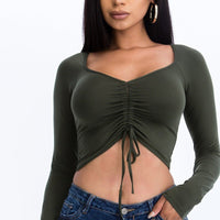 Ruched Drawstring Long Sleeve Crop Top - Passion 4 Fashion USA