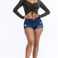 Ruched Drawstring Long Sleeve Crop Top - Passion 4 Fashion USA