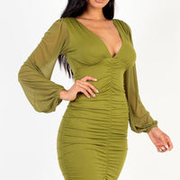 Ruched mesh long sleeve v-neck mini dress - Passion 4 Fashion USA