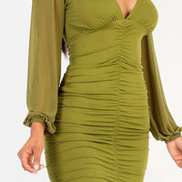 Ruched mesh long sleeve v-neck mini dress - Passion 4 Fashion USA