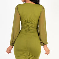 Ruched mesh long sleeve v-neck mini dress - Passion 4 Fashion USA