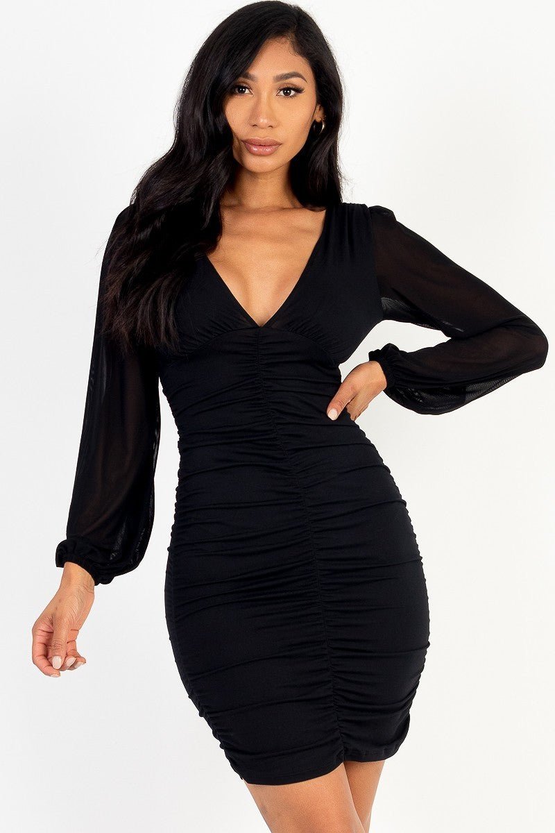 Ruched mesh long sleeve v-neck mini dress - Passion 4 Fashion USA