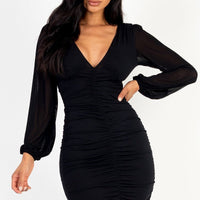 Ruched mesh long sleeve v-neck mini dress - Passion 4 Fashion USA