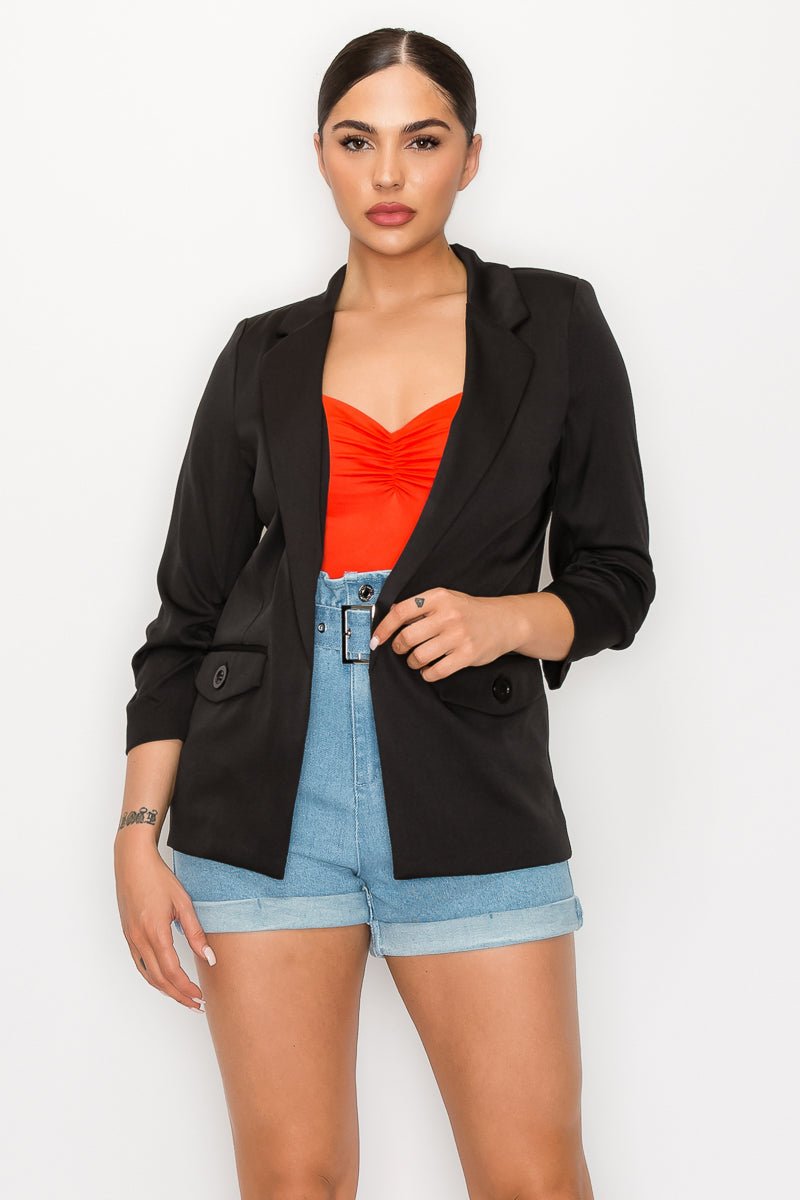Ruched Sleeves Solid Blazer - Passion 4 Fashion USA