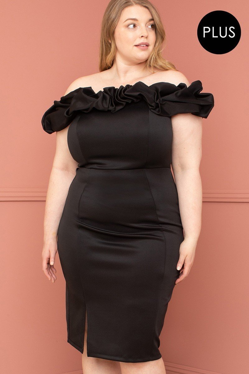 Ruffle Off The Shoulder Plus Size Midi Dress - Passion 4 Fashion USA