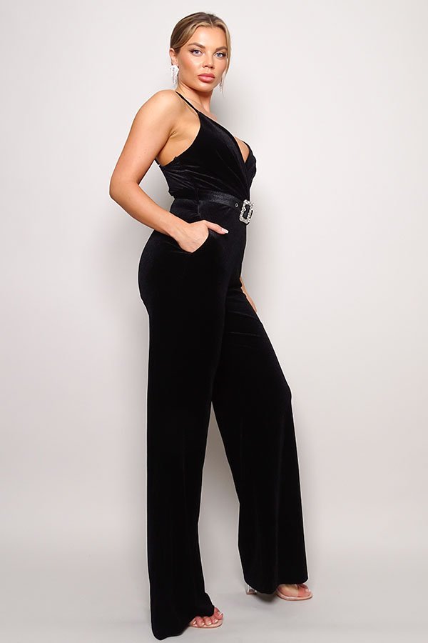 Samba Rhinestone Belt Velvet Jumpsuit - Passion 4 Fashion USA