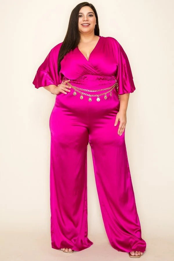 Satin Wrap Front Short Sleeve Smocked Waist Jumpsuit - Passion 4 Fashion USA