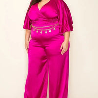 Satin Wrap Front Short Sleeve Smocked Waist Jumpsuit - Passion 4 Fashion USA